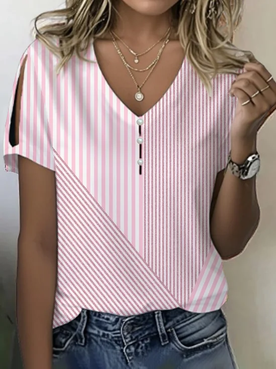 T-shirts Femmes Rayé Décontracté Été Col V Imprimé Micro-élasticité Quotidien Ample Régulier