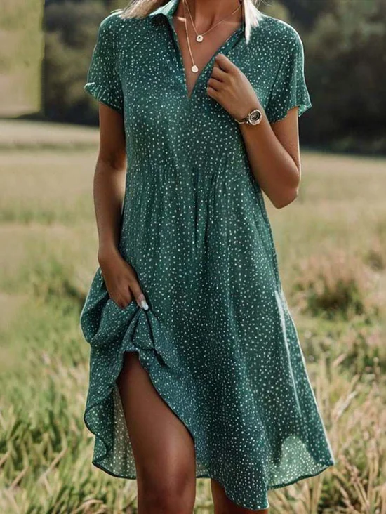 Femmes Pois Polka Bleu Col Châle Confortable Imprimé Robe de Longueur Au Genou Décontracté