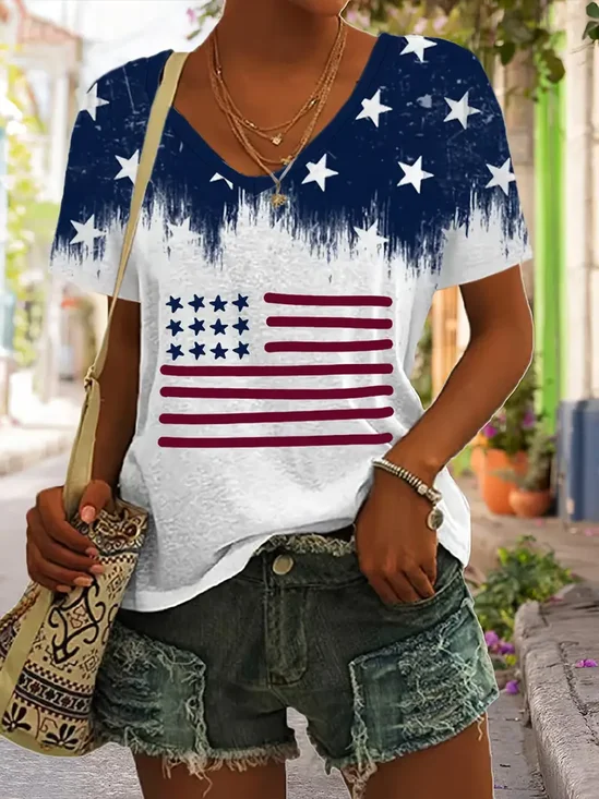 T-shirts Décontracté Été Drapeau des États-Unis Polyester Col V Micro-élasticité Quotidien Coupe Régulière Régulier pour Femmes