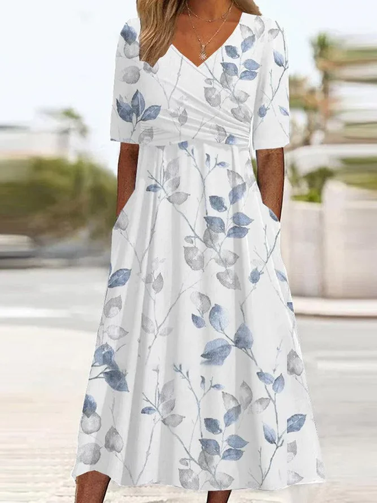 Femmes Floral Blanc Col V Confortable Imprimé Robe Maxi Décontracté