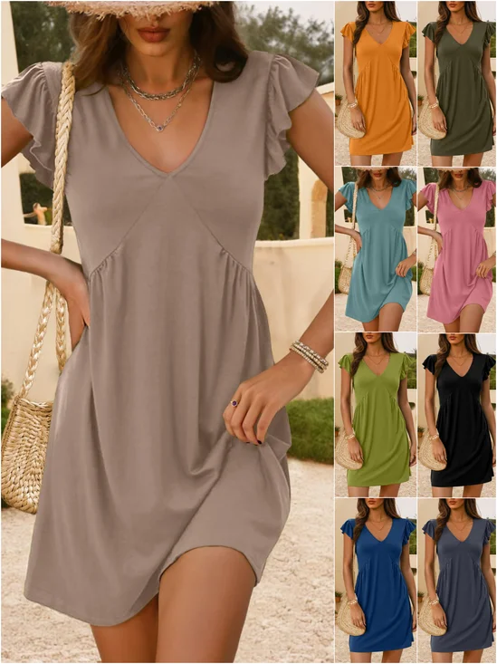 Femmes Plain Bleu Marine Col V Confortable Robe de Longueur Au Genou Décontracté