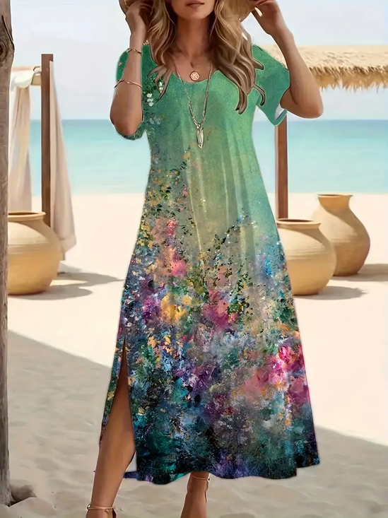 Femmes Floral Vert Col Rond Confortable Imprimé Robe Maxi Décontracté