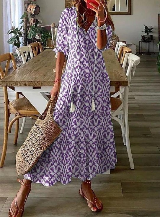 Femmes Géométrique Fleur Col V Confortable Robe Maxi Décontracté