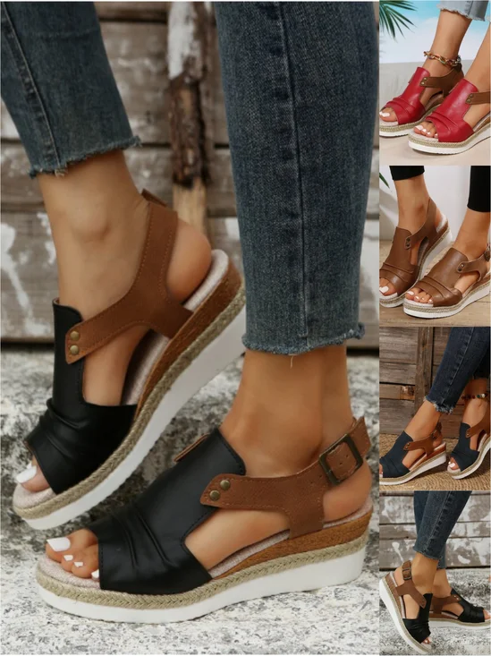 Sandales Compensées Simple Plain Été Quotidien Talon Haut Gladiateur PU PU Boucle Réglable pour Femmes
