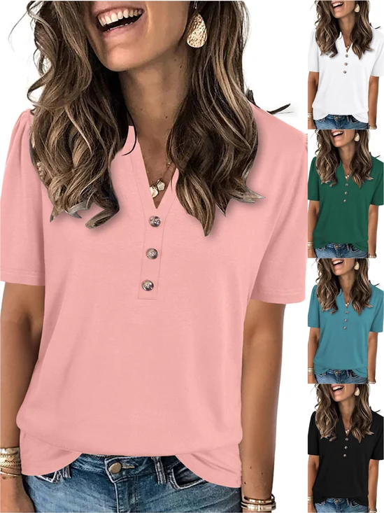 T-shirts Femmes Urbain Plain Été Polyester Col V Manches Courtes Régulier Droit Régulier