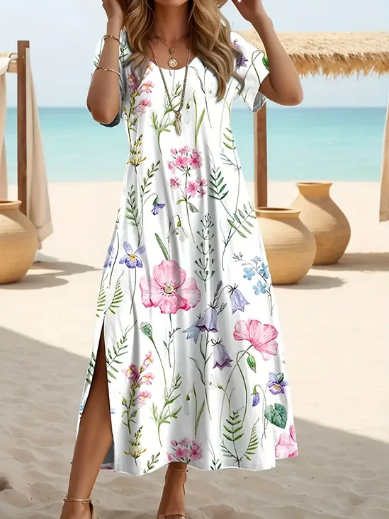 Femmes Floral Blanc Col Rond Confortable Imprimé Robe Maxi Décontracté