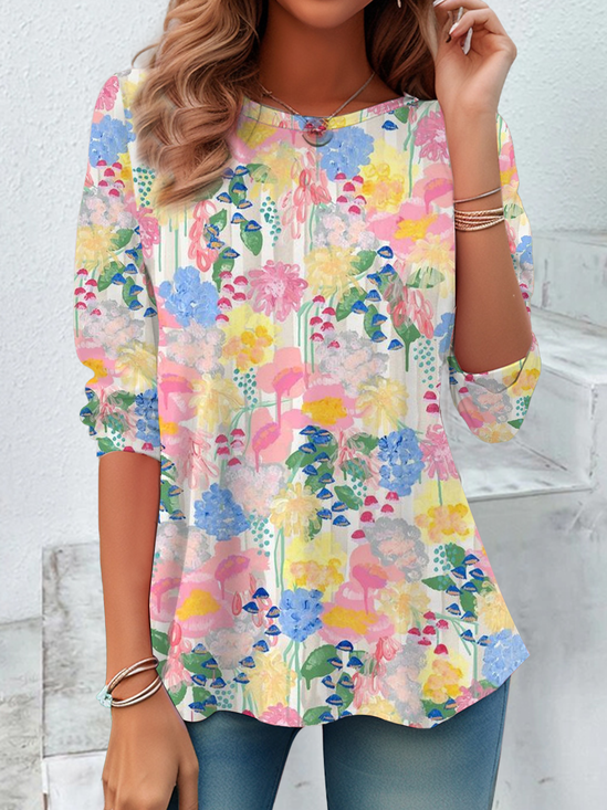 T-shirts Décontracté Floral Printemps / Automne Imprimé Quotidien Ample Jersey Manches Longues Régulier pour Femmes