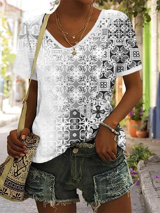T-shirts Femmes Décontracté Floral Été Polyester Micro-élasticité Manches Courtes Régulier Trapèze Régulier