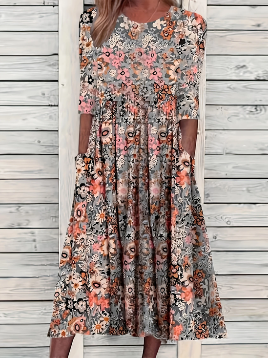 Femmes Floral Comme Image Col Rond Confortable Imprimé Robe Maxi Décontracté