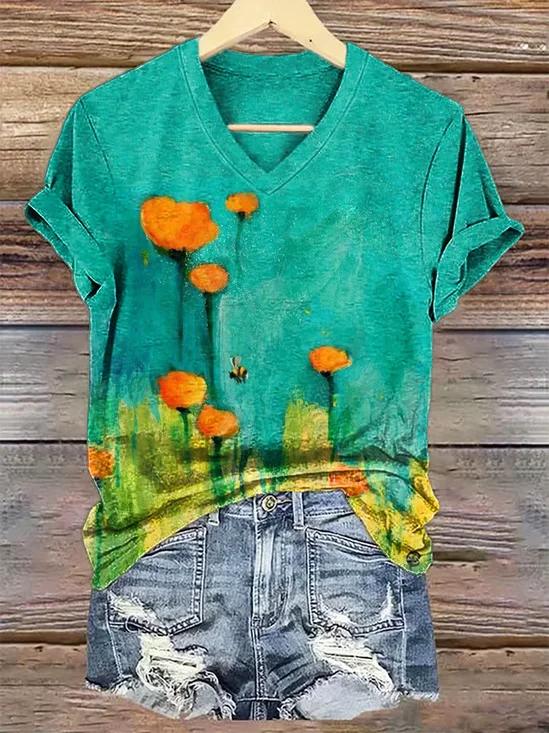 T-shirts Décontracté Floral Été Col V Ample Jersey Régulier Droit Régulier pour Femmes