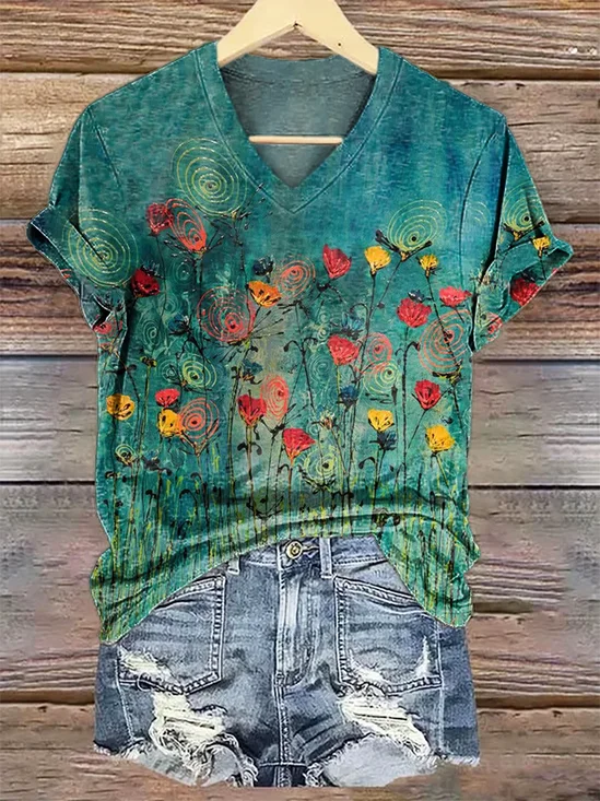 T-shirts Femmes Décontracté Floral Été Col V Ample Manches Courtes Régulier Droit T.-N.-L.