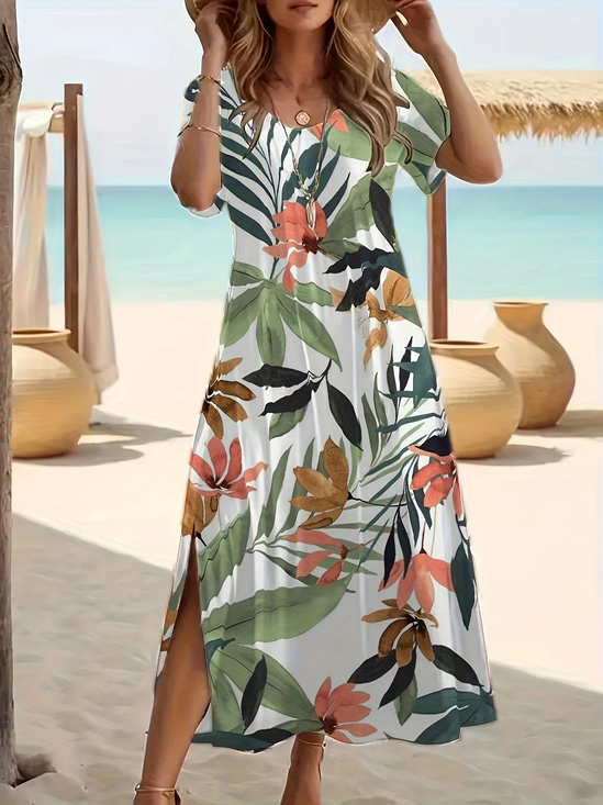 Femmes Floral Blanc-Vert Col Rond Confortable Imprimé Robe Maxi Décontracté