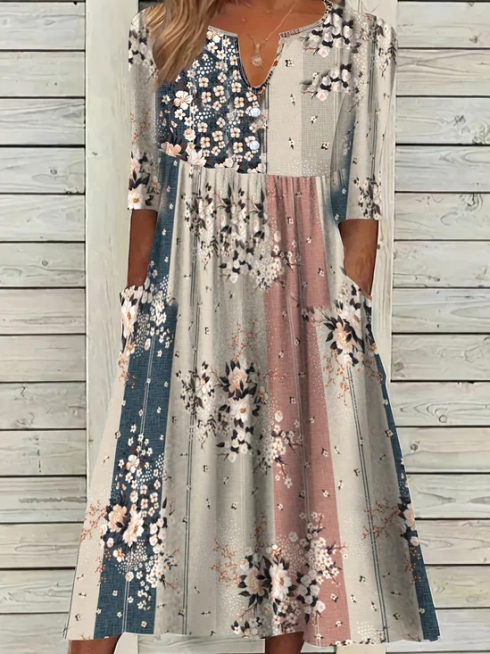 Femmes Floral Comme Image Col V Confortable Imprimé Robe Maxi Décontracté