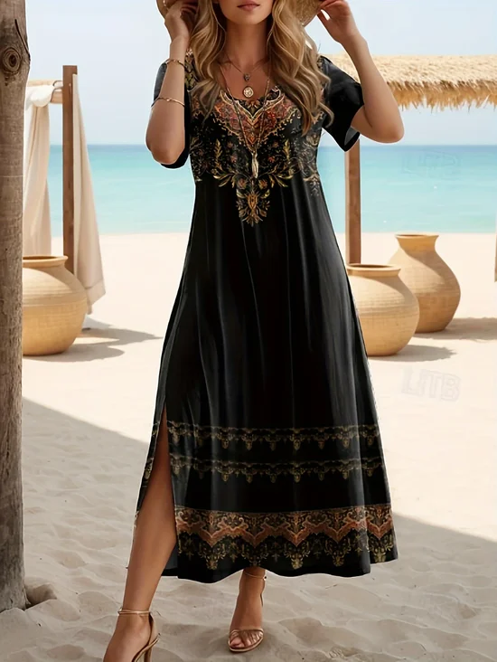 Femmes Floral Noir Col Rond Confortable Imprimé Robe Maxi Décontracté