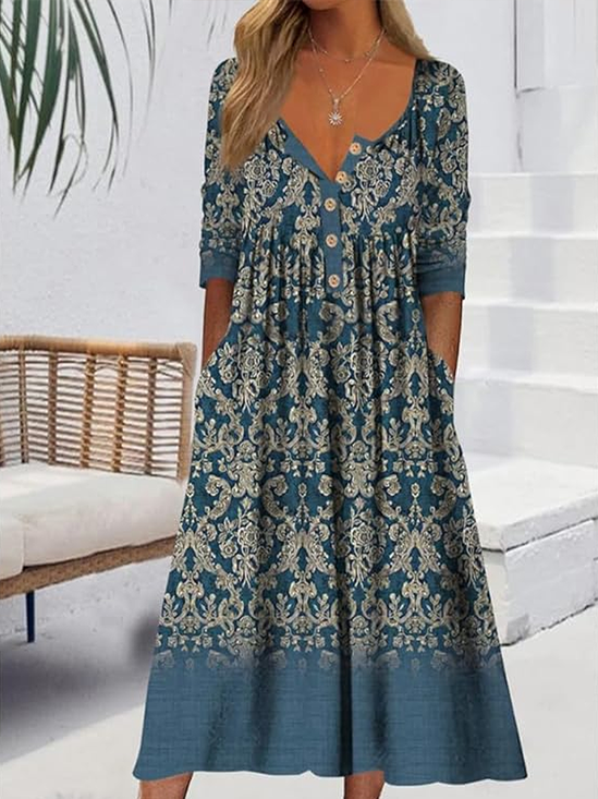 Femmes Floral Bleu Col mi-ouvert Confortable Imprimé Robe Maxi Décontracté