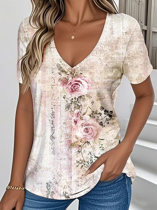 T-shirts Femmes Rétro Floral Été Col V Aucune élasticité Vacances Manches Courtes Droit Régulier