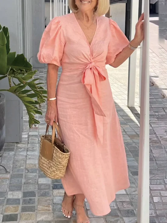 Femmes Plain Noir Col V Confortable à Lacets Robe Maxi Décontracté