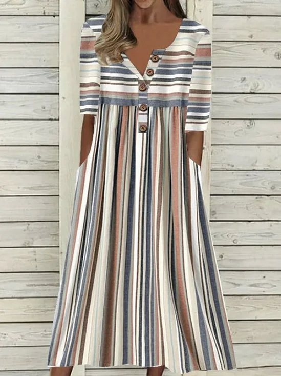 Femmes Rayé Comme Image Col mi-ouvert Confortable Imprimé Robe Maxi Décontracté