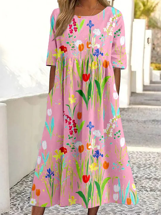 Femmes Floral Rose Col Rond Confortable Robe Maxi Décontracté