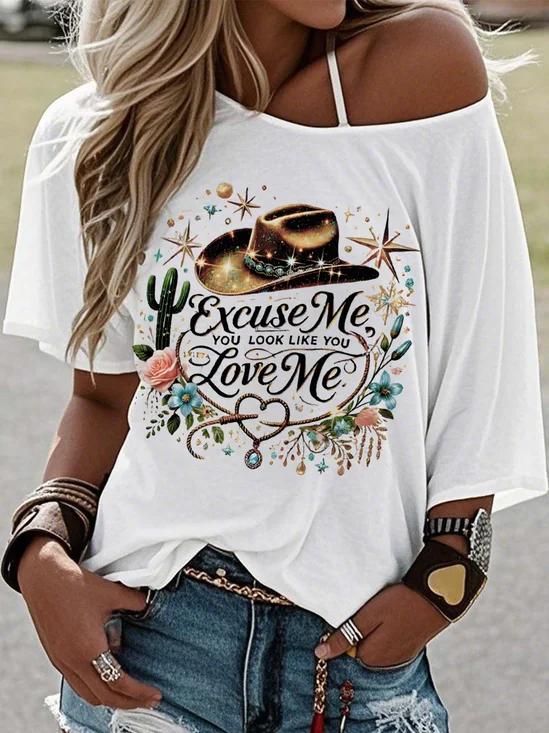 T-shirts Femmes Rétro Été Imprimé de Lettre Motif Coton Micro-élasticité Quotidien Manches Courtes Col Rond Régulier