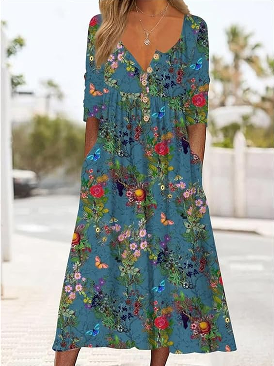 Femmes Floral Bleu Col mi-ouvert Confortable Imprimé Robe Maxi Décontracté