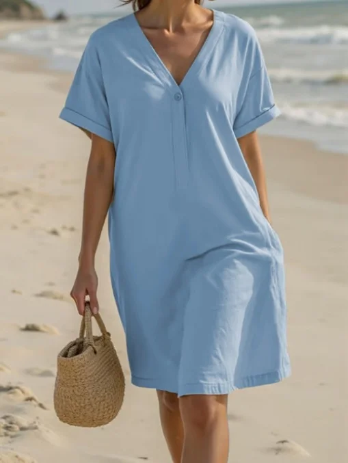 Femmes Plain Noir Col V Confortable Robe Mi-Longue Décontracté