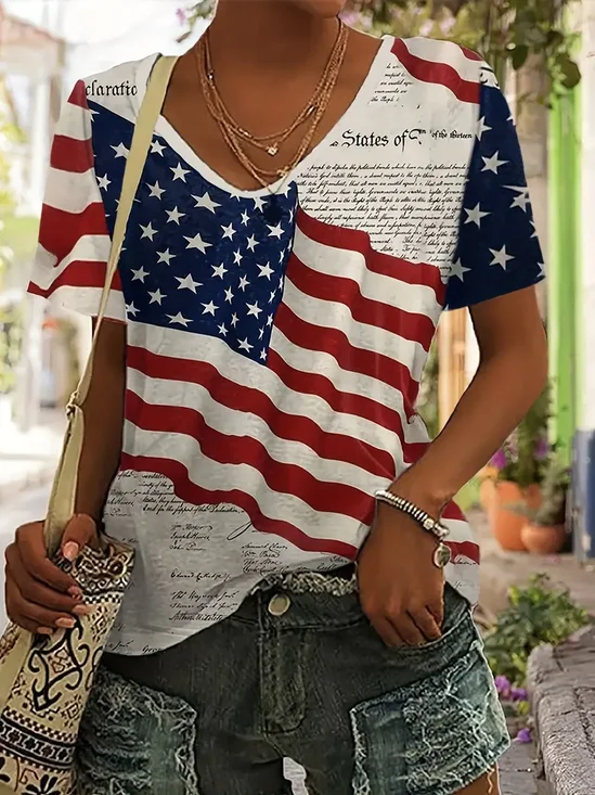 T-shirts Femmes Décontracté Été Le jour de l'indépendance (Drapeau) Col V Quotidien Ample Manches Courtes Droit T.-N.-L.