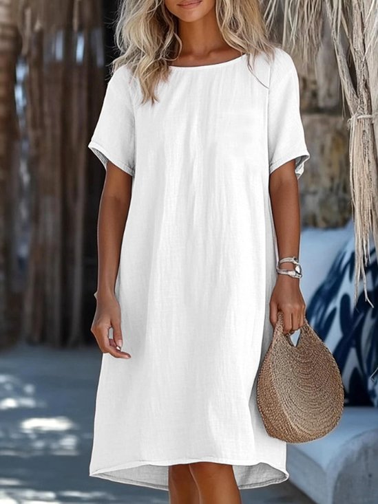 Femmes Plain Blanc Col Rond Confortable Robe Mi-Longue Décontracté