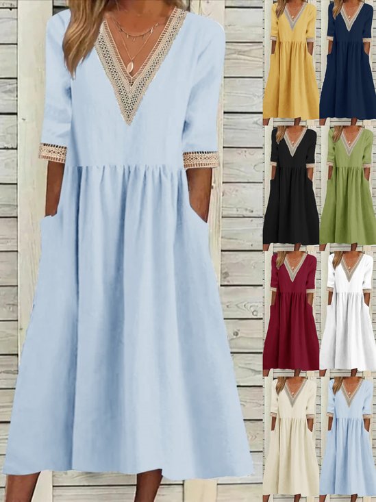 Femmes Plain Bleu Clair Col V Confortable Joint Fendu Robe Maxi Décontracté