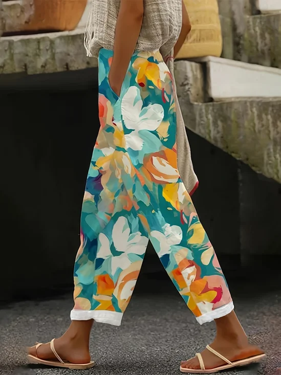Pantalons Décontracté Floral Printemps / Automne Imprimé Naturel Aucune élasticité Quotidien Droit Régulier pour Femmes