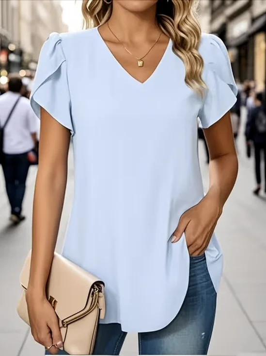 T-shirts Femmes Décontracté Plain Été Col V Quotidien Coupe Régulière Manches Courtes Régulier Régulier