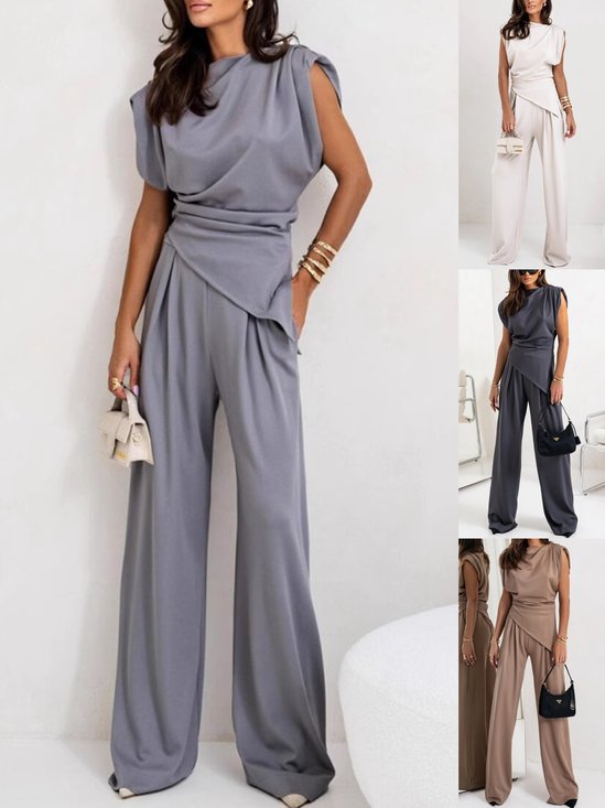 Deux Pièces Ensembles Femmes Habillé Plain Été Polyester Micro-élasticité Coupe Régulière Irrégulier Artisanat Top Avec Pantalons Droit