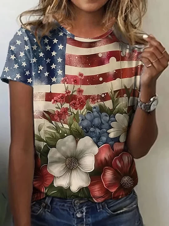 T-shirts Décontracté Drapeau des États-Unis Été Micro-élasticité Ample Jersey Manches Courtes Régulier Régulier pour Femmes