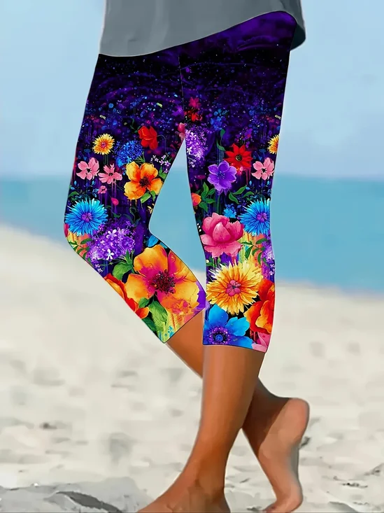 Pantalons Décontracté Floral Été Imprimé Viscose Micro-élasticité Corsaire Droit Régulier pour Femmes