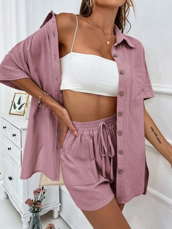 Deux Pièces Ensembles Femmes Simple Plain Été Coton Couture de poche Naturel Manches Courtes Col Rond Droit