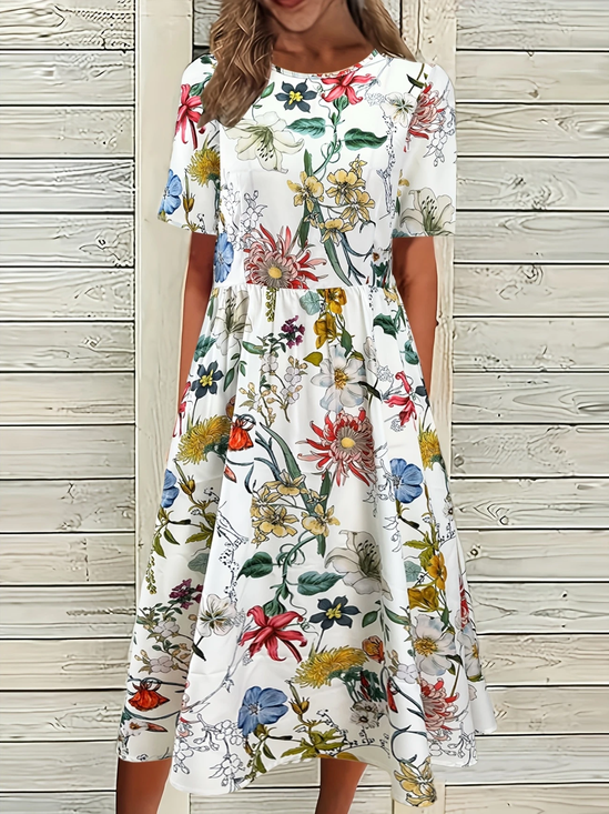 Femmes Floral Blanc Col Rond Confortable Imprimé Robe Maxi Décontracté