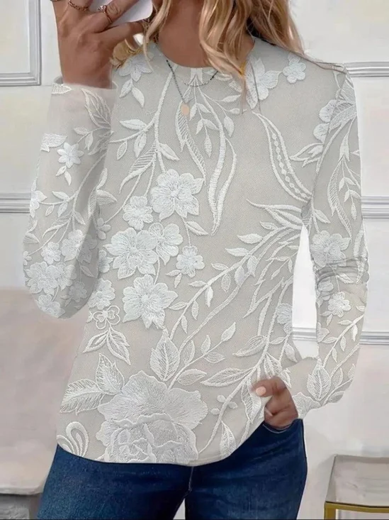 T-shirts Femmes Simple Floral Printemps / Automne Coton Micro-élasticité Manches Longues Col Rond Droit Régulier