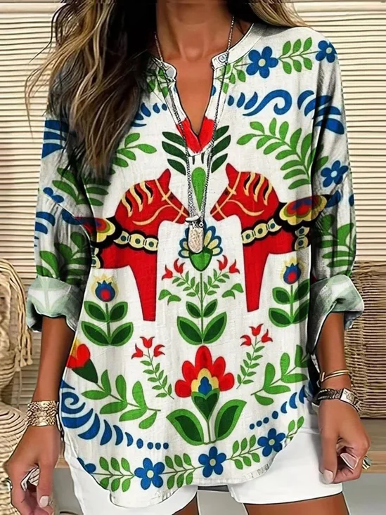 Blouses Femmes Élégant Floral Printemps / Automne Polyester Aucune élasticité Ample Manches Longues Col Châle Régulier