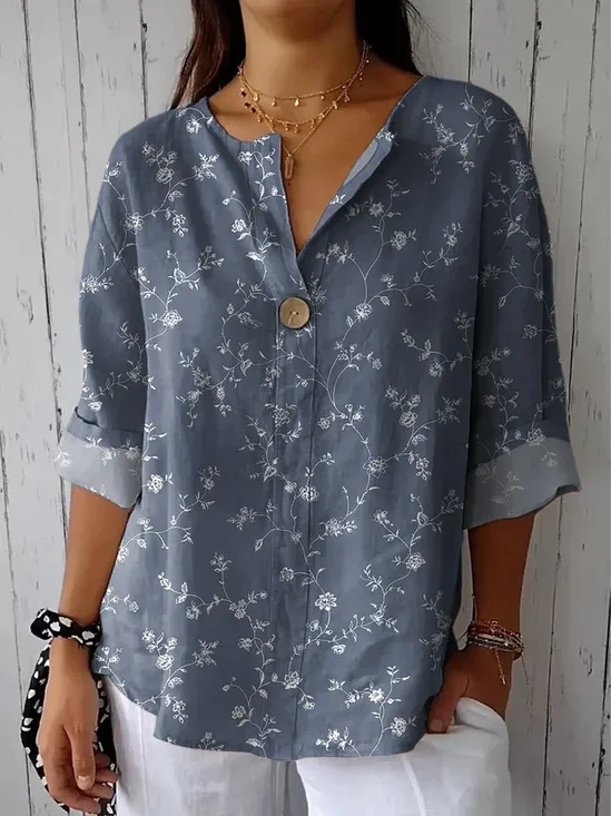 Blouses Décontracté Floral Printemps / Automne Coton Aucune élasticité Quotidien Manches trois quarts Col Châle Droit pour Femmes