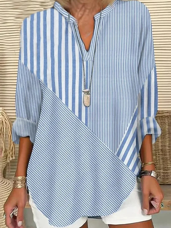 Blouses Rayé Simple Été Polyester Aucune élasticité Quotidien Ample Demi Manche Col Châle pour Femmes