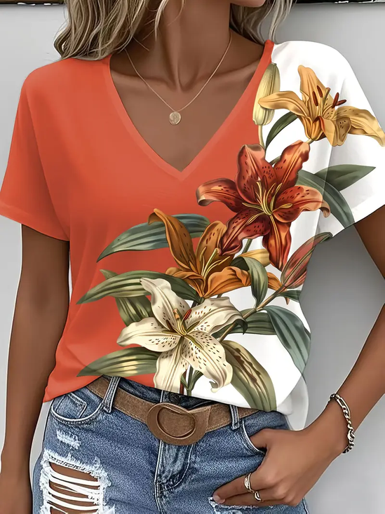 T-shirts Décontracté Floral Été Imprimé Aucune élasticité Quotidien Ample Manches Courtes Régulier pour Femmes