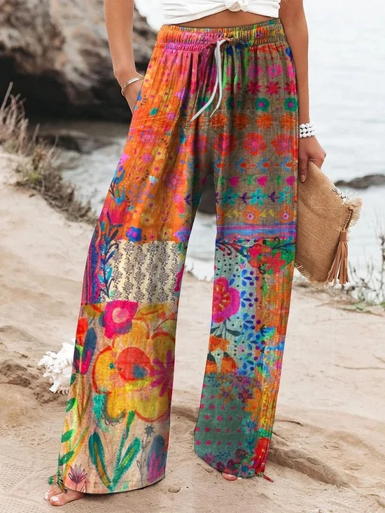 Pantalons Femmes Décontracté Multicolore Bloc Printemps / Automne Polyester Micro-élasticité Vacances Ample Plage Shorts Droit