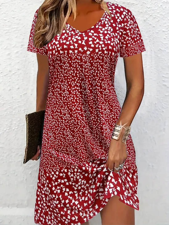 Femmes Petites fleurs Rouge Col Rond Confortable Imprimé Mini Robe Décontracté