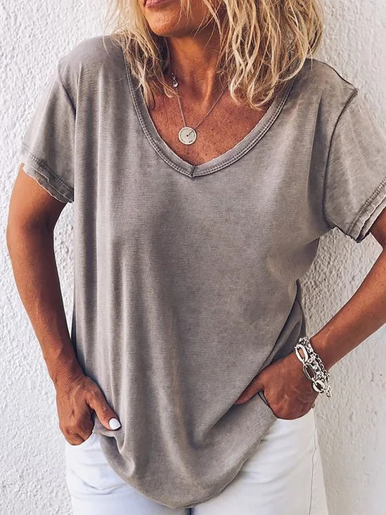 T-shirts Décontracté Plain Été Col V Jersey Manches Courtes Droit Régulier T.-N.-L. pour Femmes