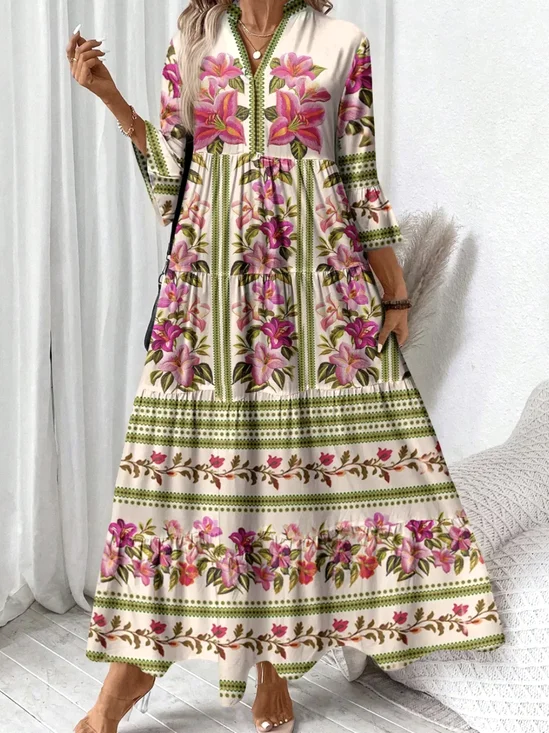 Femmes Floral Abricot Col V Confortable Robe Maxi Décontracté