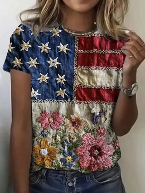 T-shirts Femmes Décontracté Drapeau des États-Unis Été Quotidien Coupe Régulière Manches Courtes Régulier Trapèze Régulier