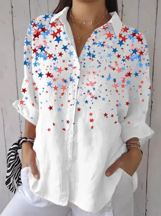 Chemises Femmes Simple Printemps / Automne Le jour de l'indépendance (Drapeau) Polyester Sportif & De Plein Air Manches Longues Trapèze Régulier Col de Chemise
