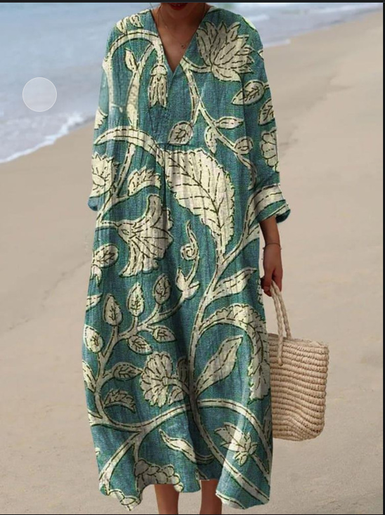 Femmes Floral Vert Col V Confortable Robe Maxi Décontracté