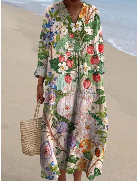 Femmes Floral Rose Col V Confortable Robe Maxi Décontracté