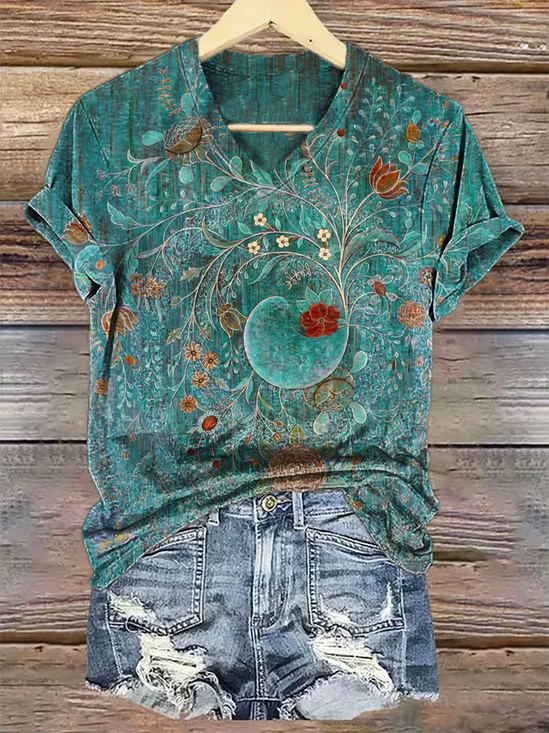 T-shirts Décontracté Floral Été Col V Jersey Régulier Droit Régulier T.-N.-L. pour Femmes